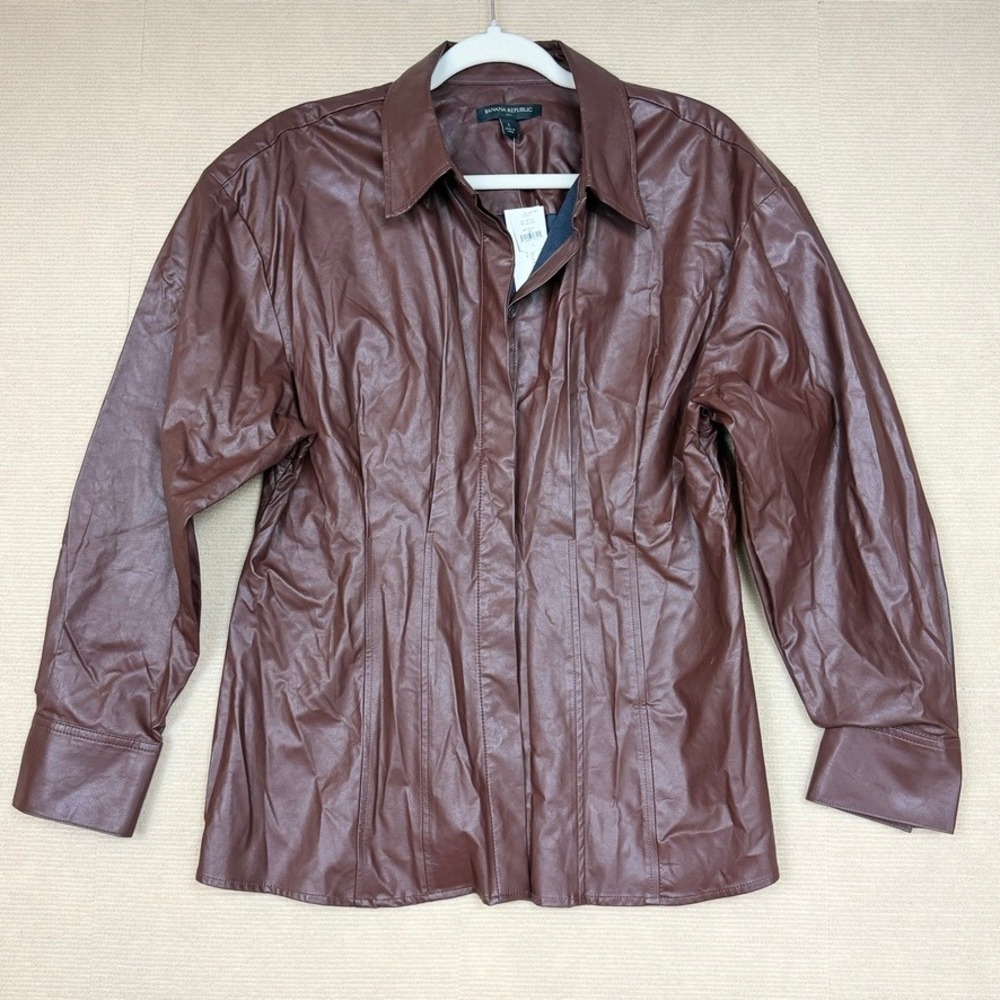 Banana Republic Women Brown Vegan Faux Leather Seamed Button Down Shirt L NWT